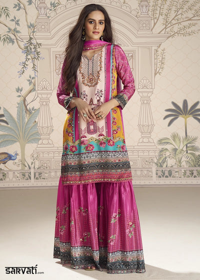 White and Pink Crepe Silk Printed Gharara Suit with Embellished Details