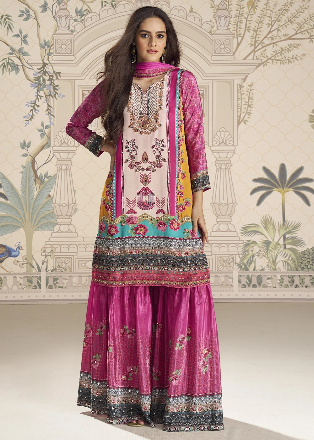 White and Pink Crepe Silk Printed Gharara Suit with Embellished Details
