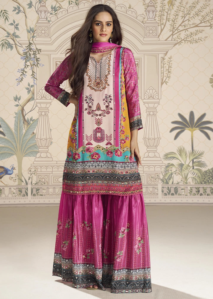 White and Pink Crepe Silk Printed Gharara Suit with Embellished Details