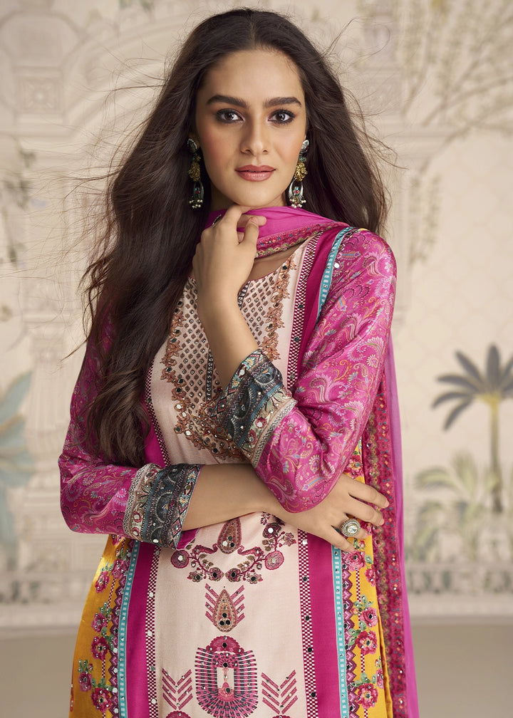 White and Pink Crepe Silk Printed Gharara Suit with Embellished Details