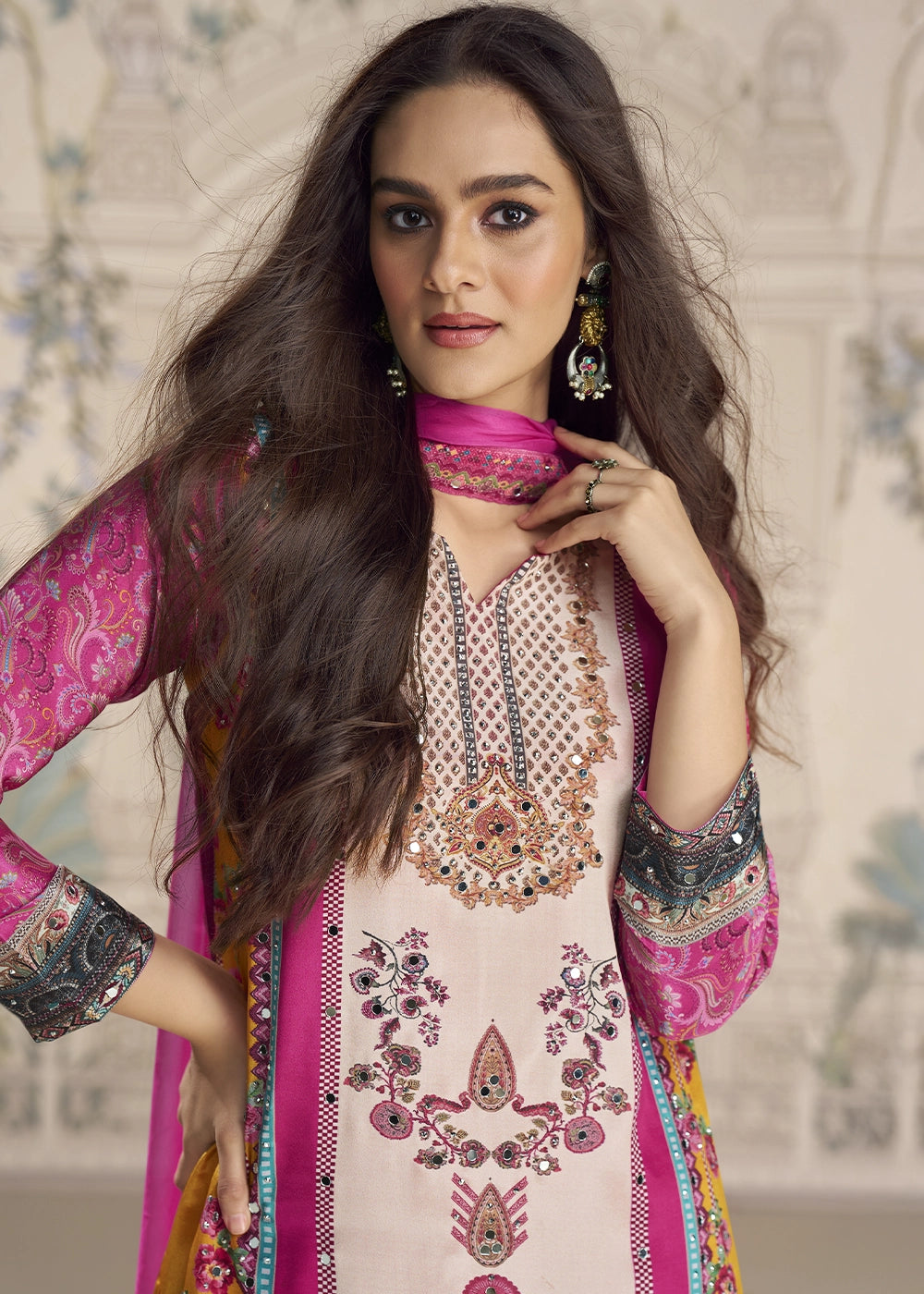 White and Pink Crepe Silk Printed Gharara Suit with Embellished Details