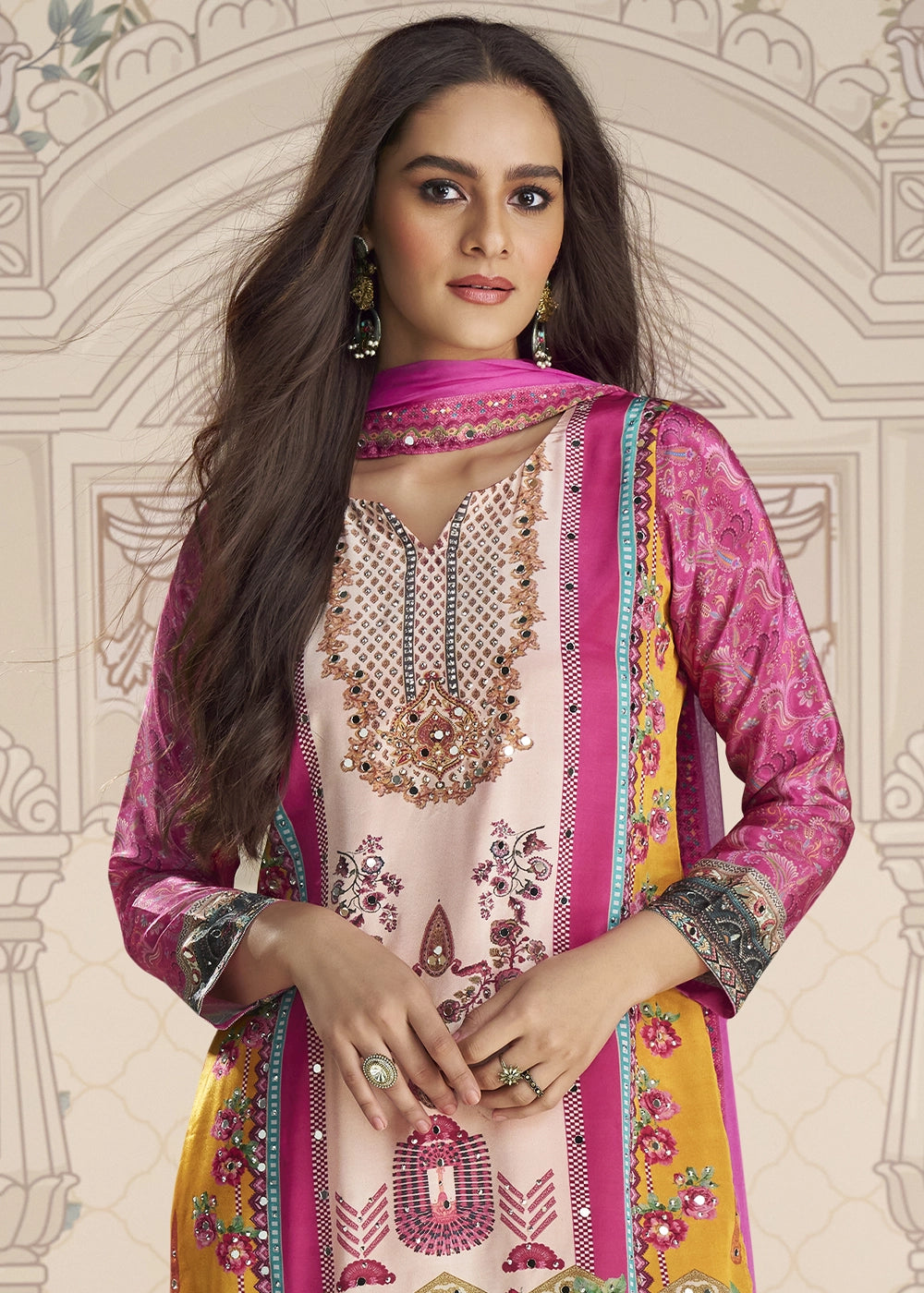 White and Pink Crepe Silk Printed Gharara Suit with Embellished Details