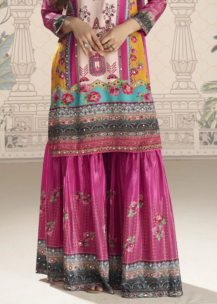 White and Pink Crepe Silk Printed Gharara Suit with Embellished Details