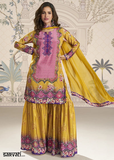 Cyber Yellow Crepe Silk Printed Gharara Suit with Embellished Details