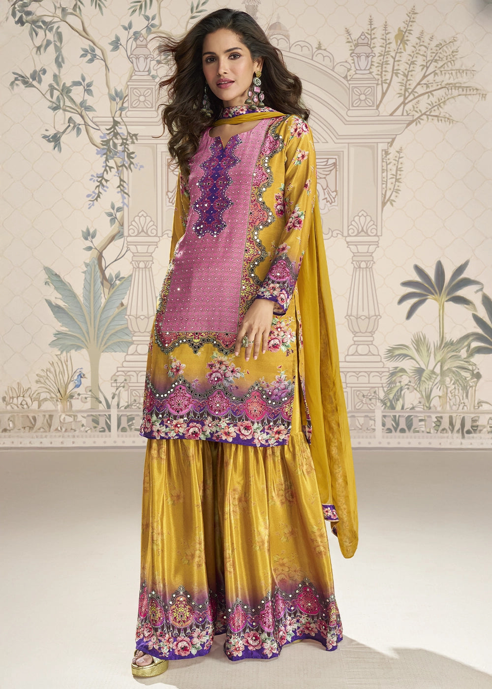 Cyber Yellow Crepe Silk Printed Gharara Suit with Embellished Details