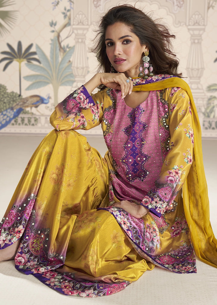 Cyber Yellow Crepe Silk Printed Gharara Suit with Embellished Details