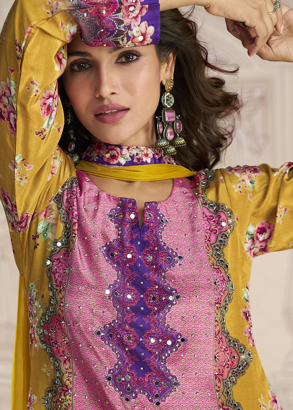 Cyber Yellow Crepe Silk Printed Gharara Suit with Embellished Details