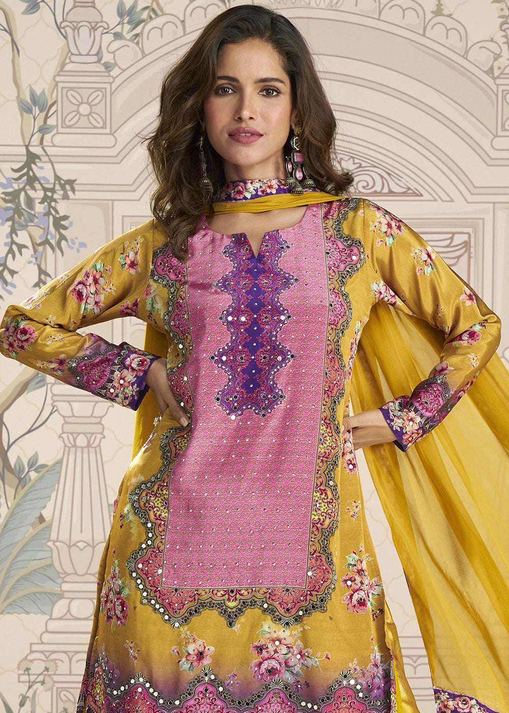 Cyber Yellow Crepe Silk Printed Gharara Suit with Embellished Details