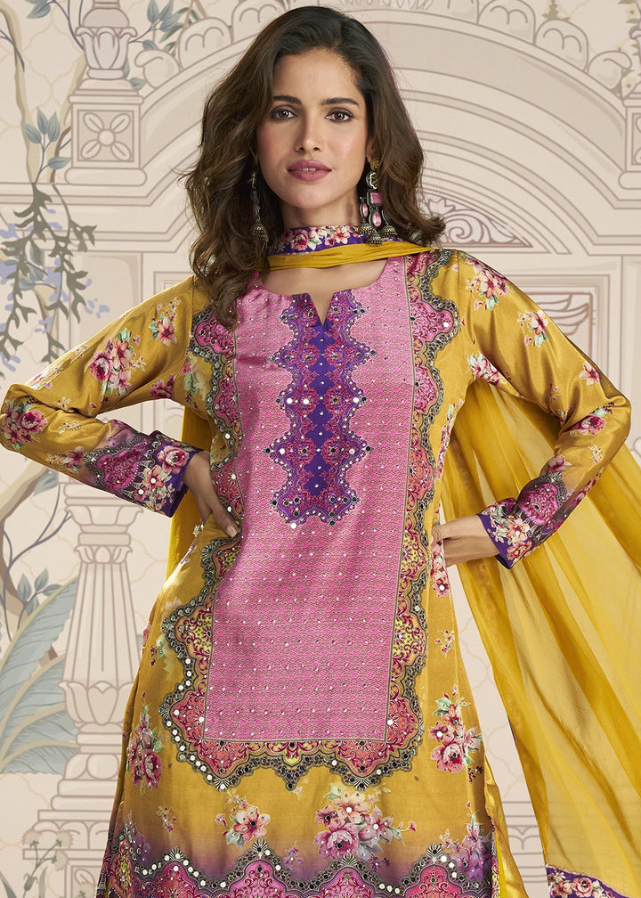 Cyber Yellow Crepe Silk Printed Gharara Suit with Embellished Details