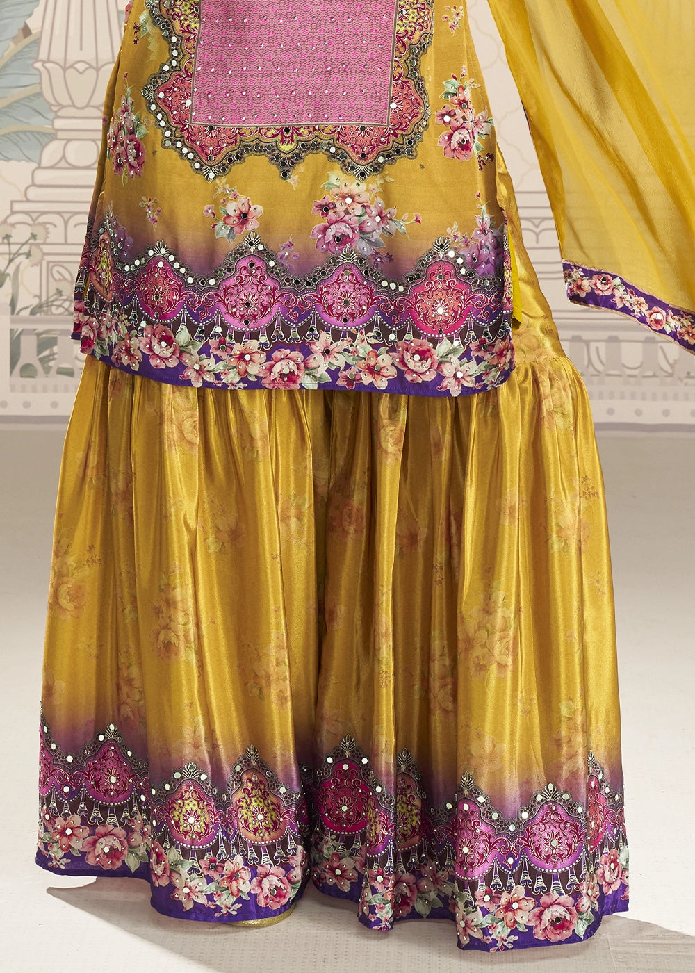 Cyber Yellow Crepe Silk Printed Gharara Suit with Embellished Details