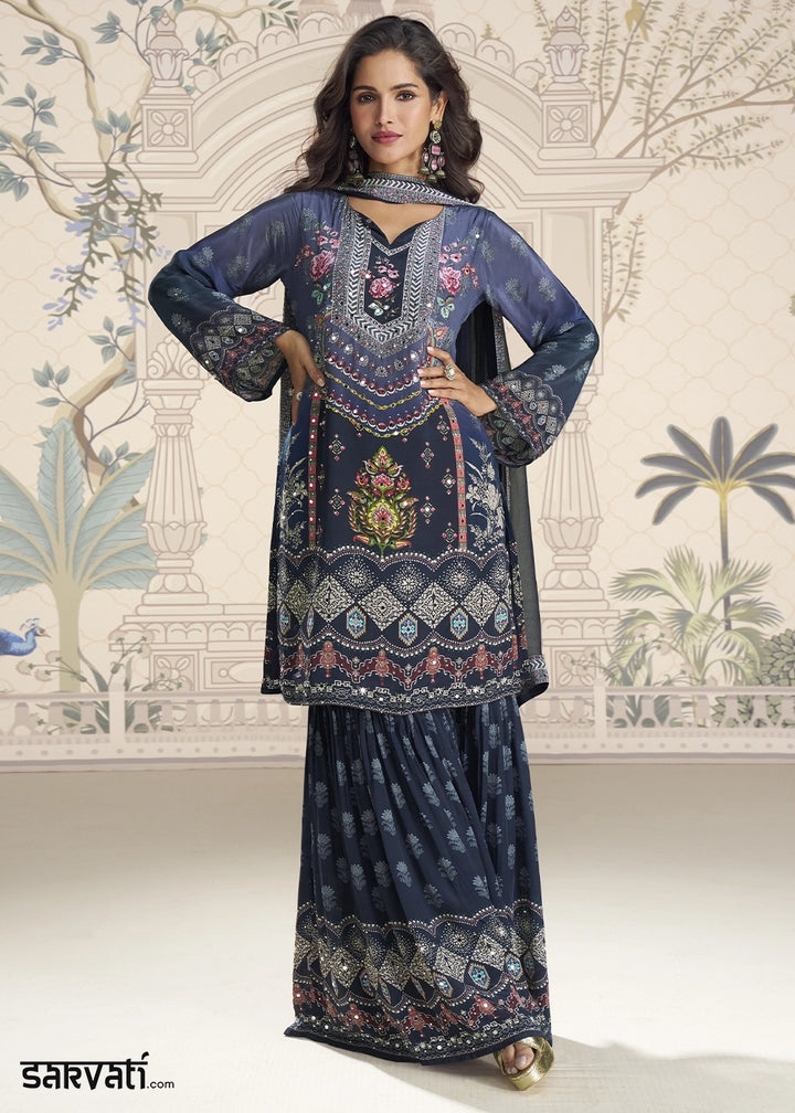 Shades Of Blue Crepe Silk Printed Gharara Suit with Embellished Details