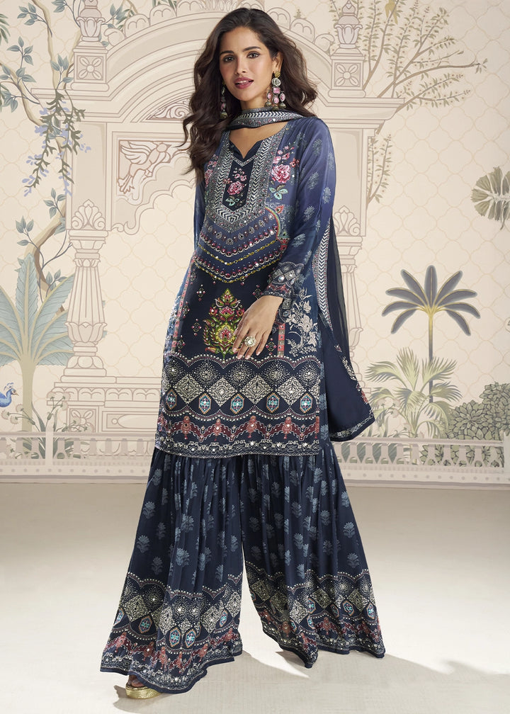 Shades Of Blue Crepe Silk Printed Gharara Suit with Embellished Details