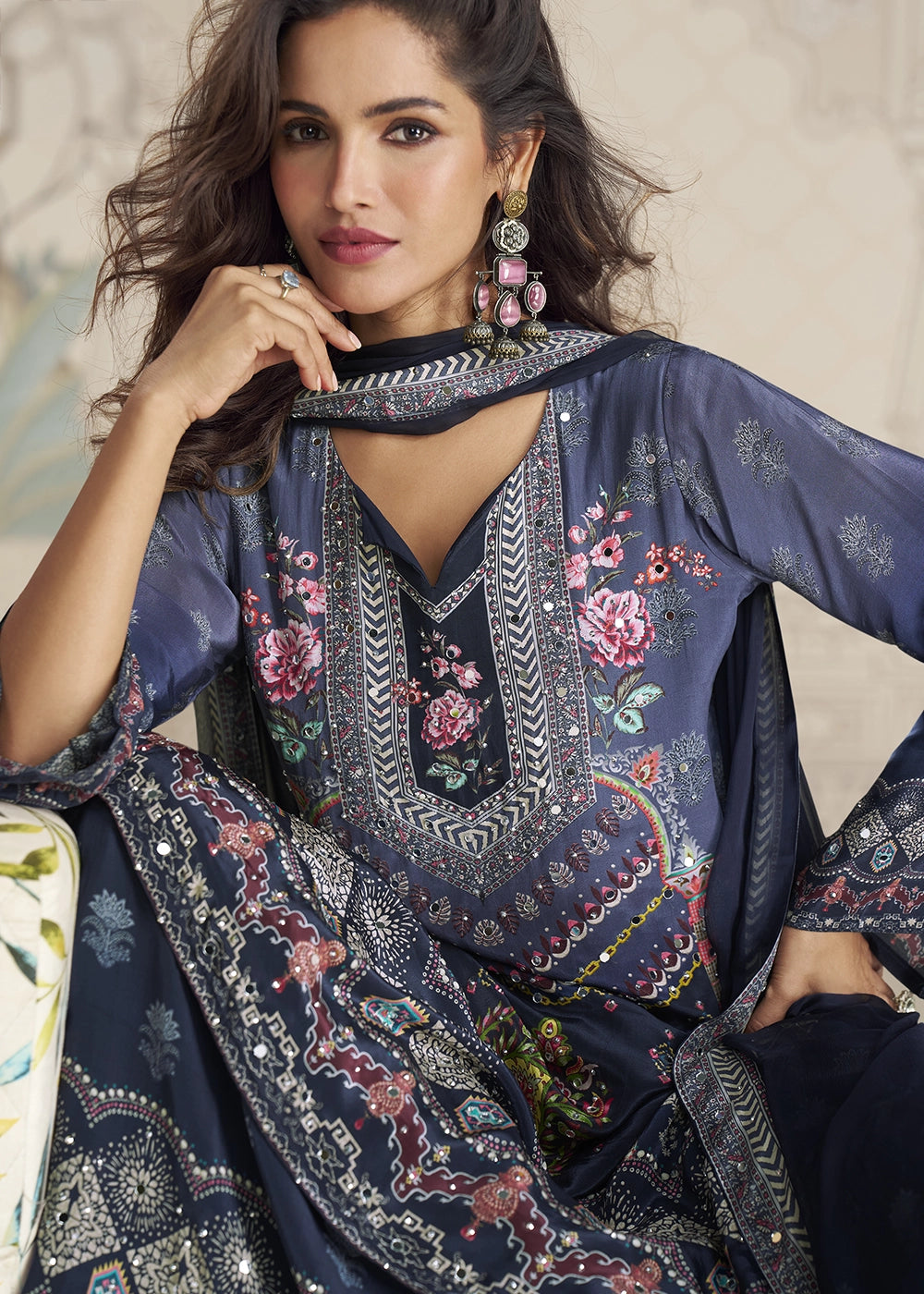 Shades Of Blue Crepe Silk Printed Gharara Suit with Embellished Details