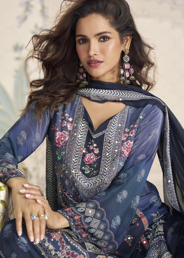 Shades Of Blue Crepe Silk Printed Gharara Suit with Embellished Details