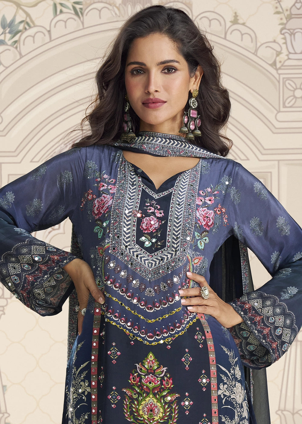 Shades Of Blue Crepe Silk Printed Gharara Suit with Embellished Details