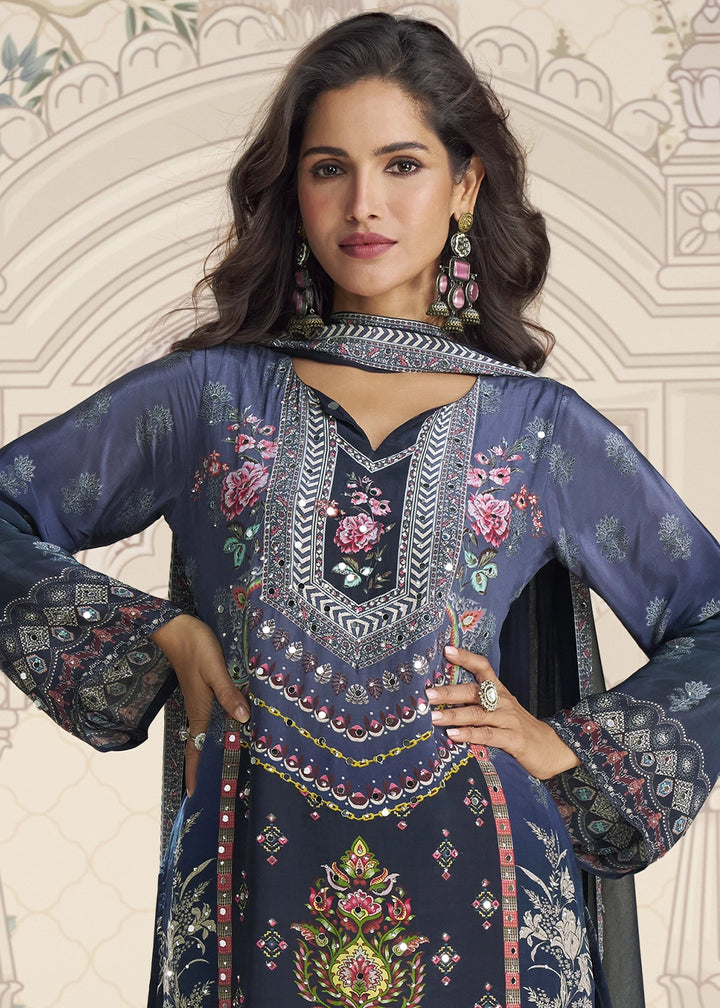 Shades Of Blue Crepe Silk Printed Gharara Suit with Embellished Details