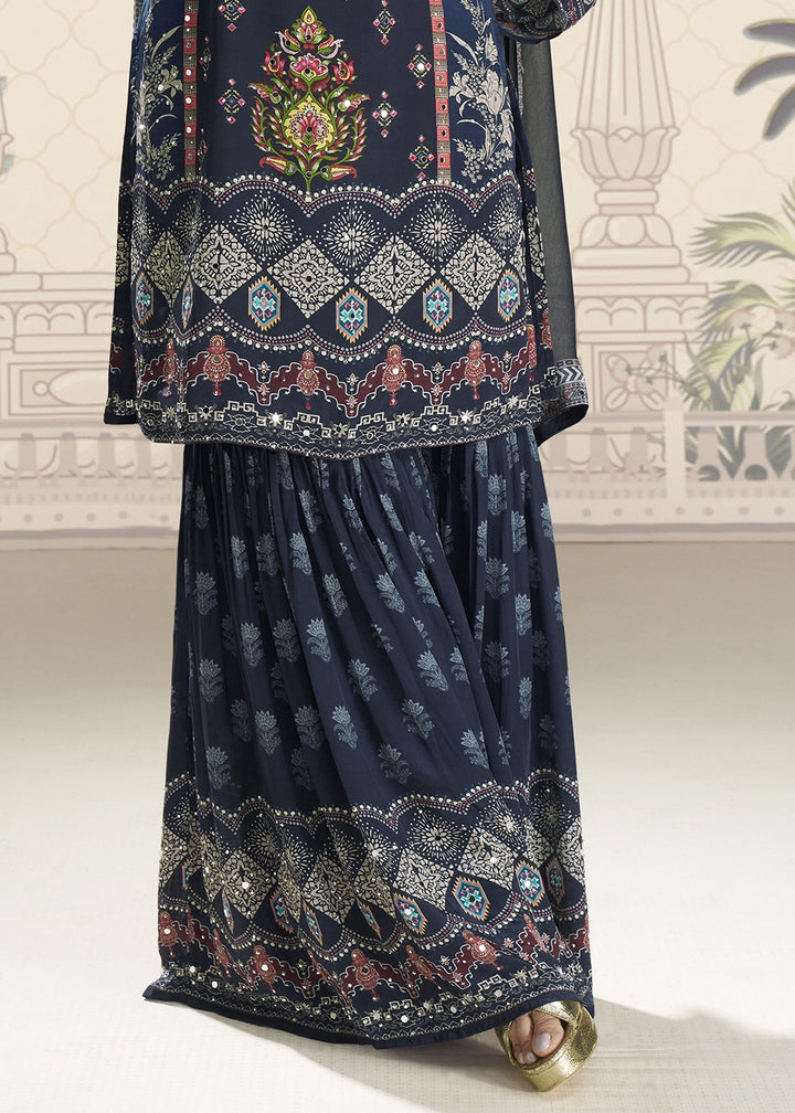 Shades Of Blue Crepe Silk Printed Gharara Suit with Embellished Details
