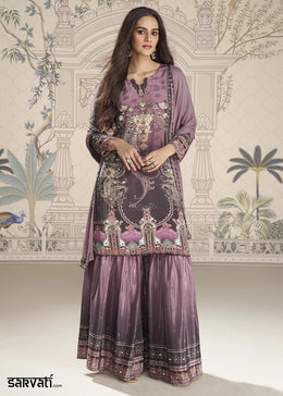 Shades Of Purple Crepe Silk Printed Gharara Suit with Embellished Details