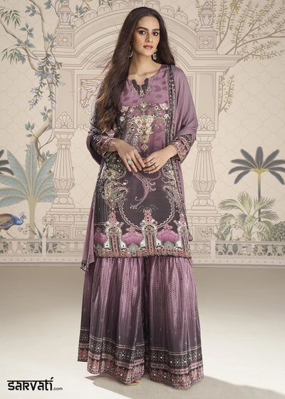 Shades Of Purple Crepe Silk Printed Gharara Suit with Embellished Details