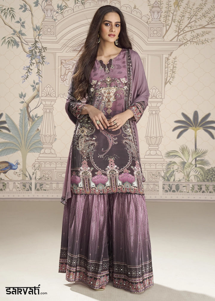 Shades Of Purple Crepe Silk Printed Gharara Suit with Embellished Details