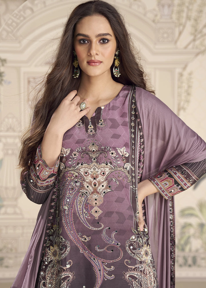 Shades Of Purple Crepe Silk Printed Gharara Suit with Embellished Details