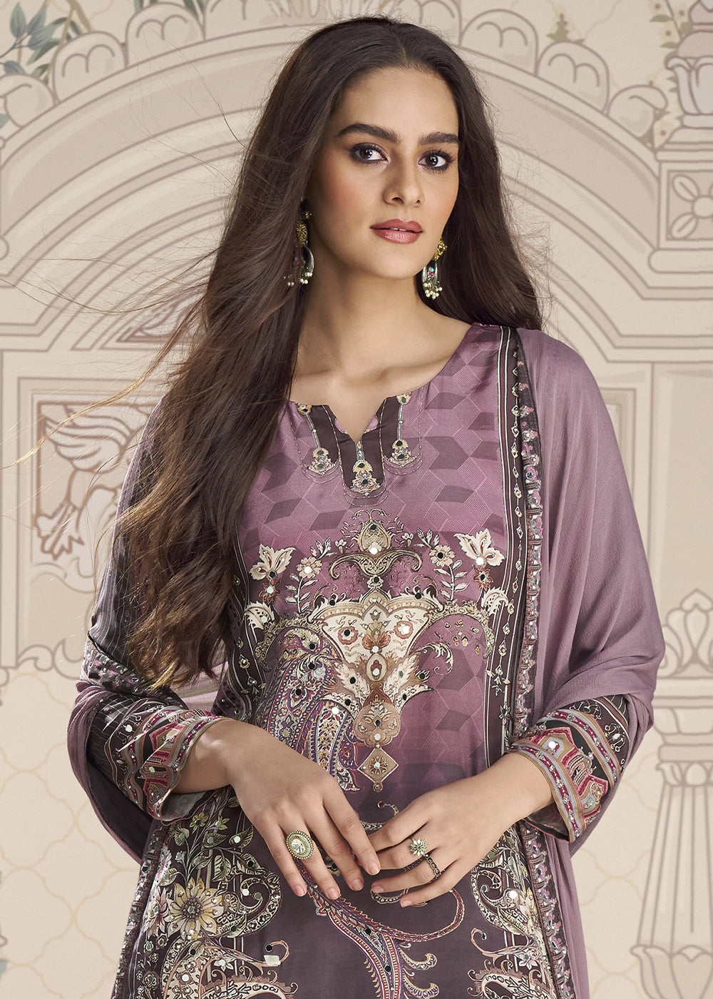 Shades Of Purple Crepe Silk Printed Gharara Suit with Embellished Details
