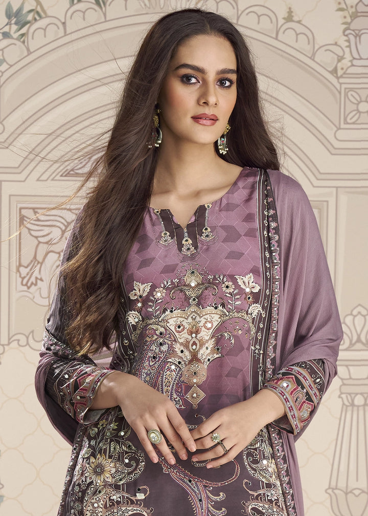 Shades Of Purple Crepe Silk Printed Gharara Suit with Embellished Details