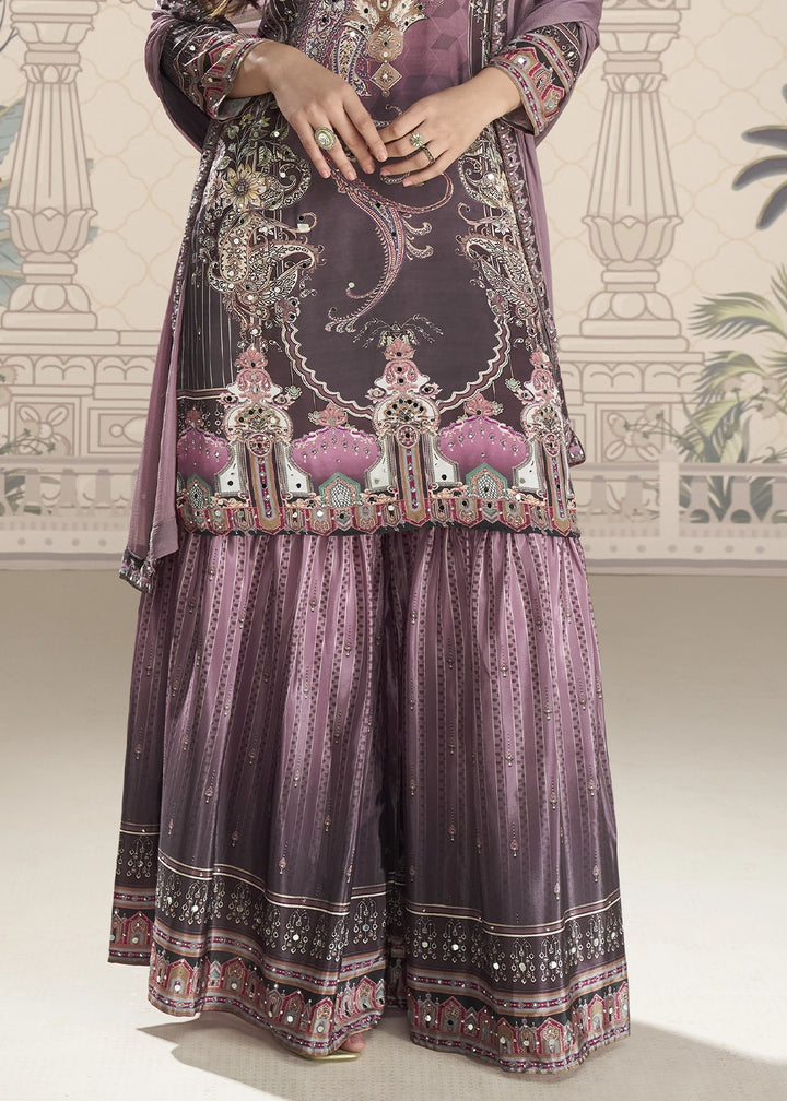 Shades Of Purple Crepe Silk Printed Gharara Suit with Embellished Details