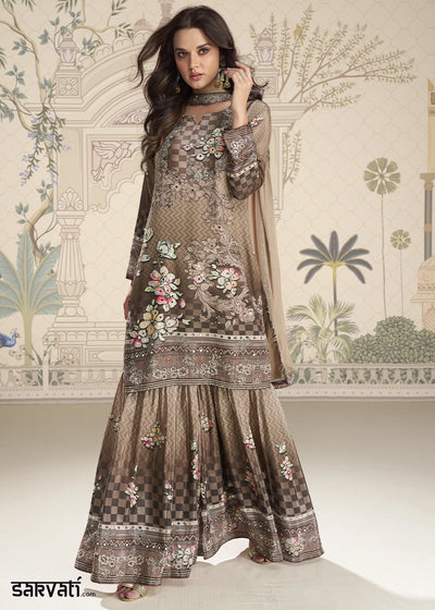 Shades Of Brown Crepe Silk Printed Gharara Suit with Embellished Details