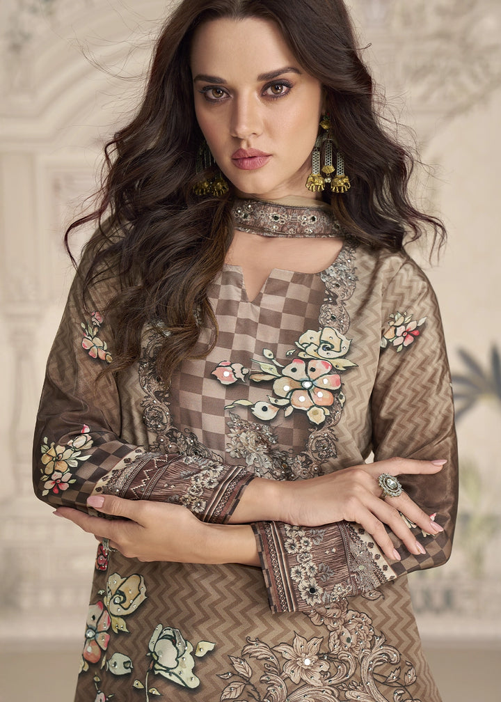 Shades Of Brown Crepe Silk Printed Gharara Suit with Embellished Details