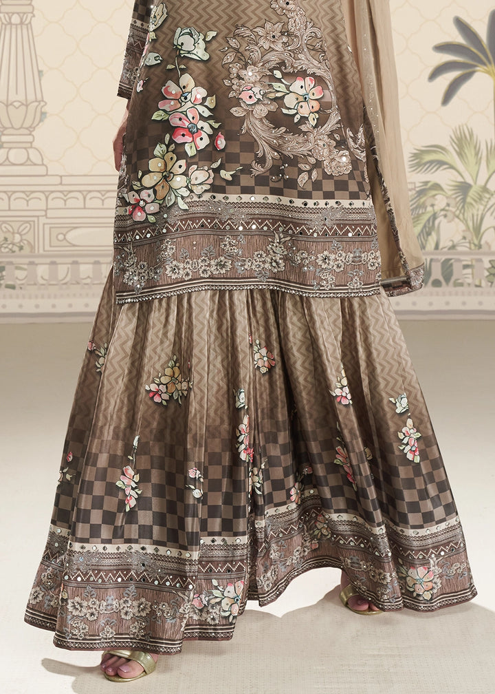 Shades Of Brown Crepe Silk Printed Gharara Suit with Embellished Details