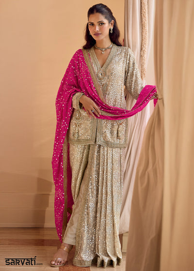 Beige Brown Georgette Embroidered Top with Dhoti Pant & Pink Dupatta