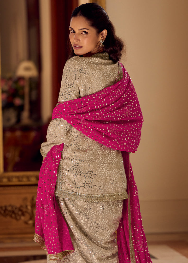 Beige Brown Georgette Embroidered Top with Dhoti Pant & Pink Dupatta