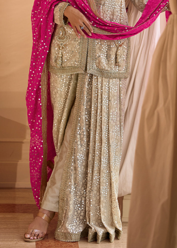 Beige Brown Georgette Embroidered Top with Dhoti Pant & Pink Dupatta