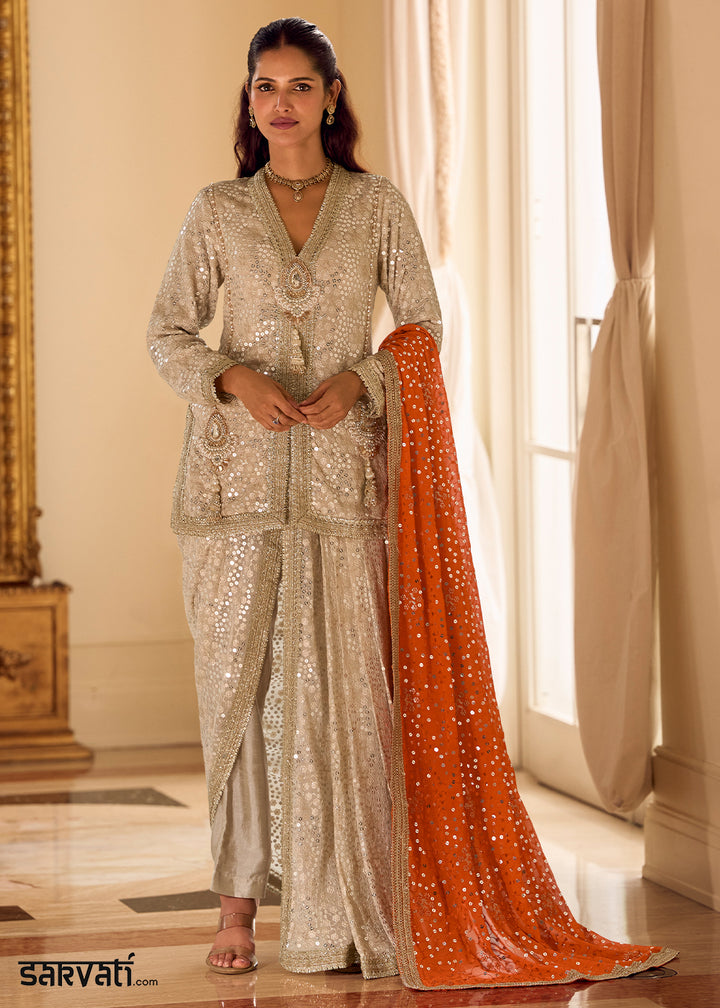 Beige Brown Georgette Embroidered Top with Dhoti Pant & Orange Dupatta