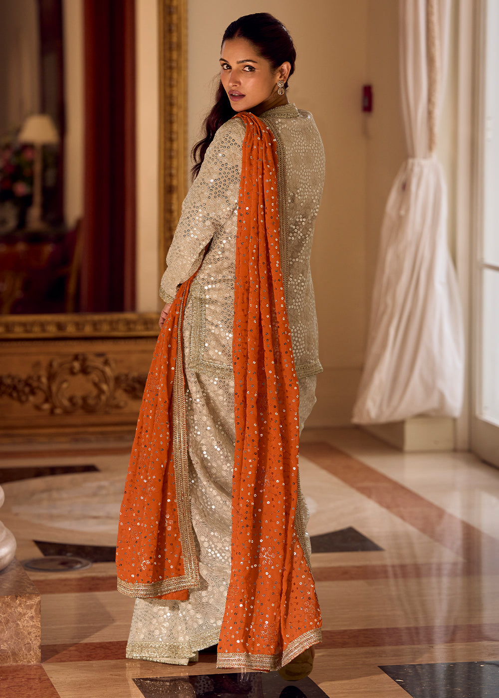 Beige Brown Georgette Embroidered Top with Dhoti Pant & Orange Dupatta