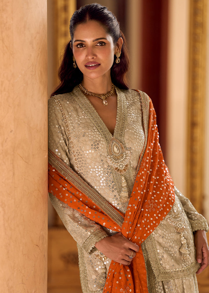 Beige Brown Georgette Embroidered Top with Dhoti Pant & Orange Dupatta