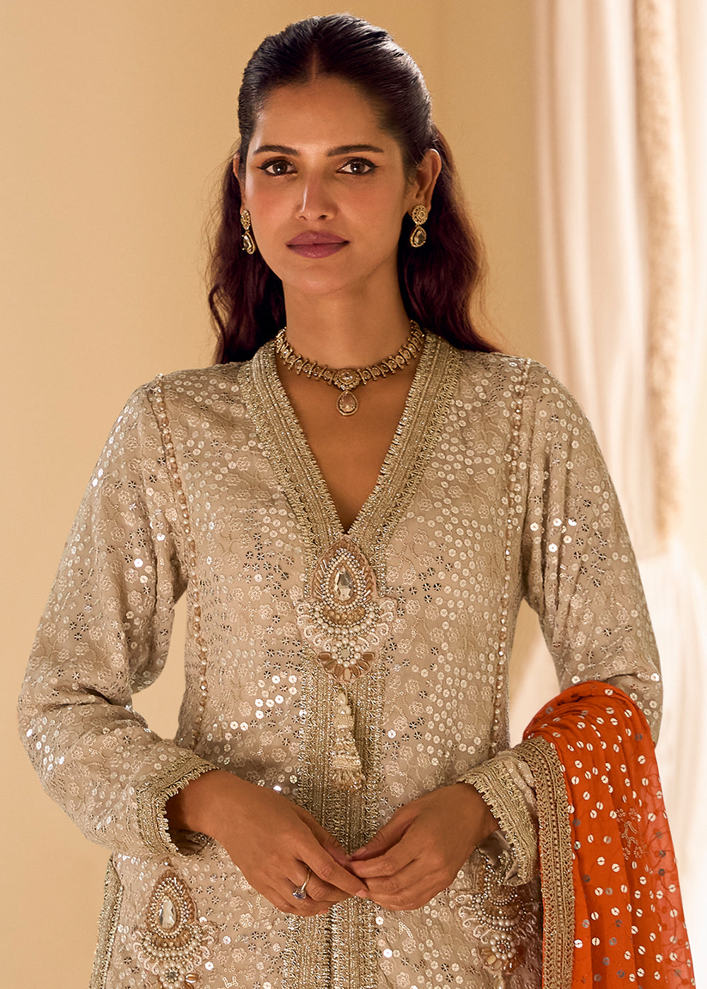 Beige Brown Georgette Embroidered Top with Dhoti Pant & Orange Dupatta