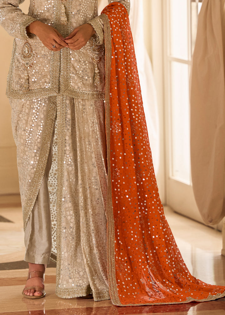 Beige Brown Georgette Embroidered Top with Dhoti Pant & Orange Dupatta