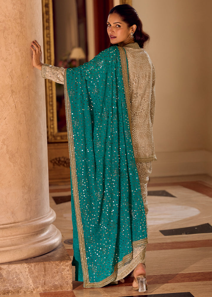 Beige Brown Georgette Embroidered Top with Dhoti Pant & Blue Dupatta