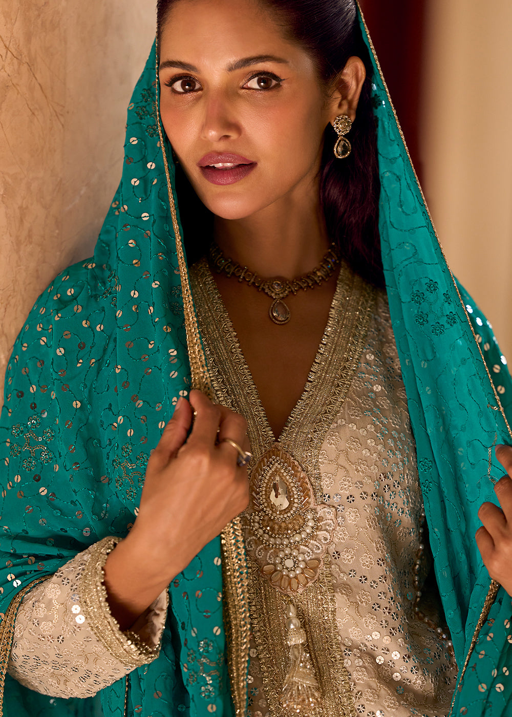 Beige Brown Georgette Embroidered Top with Dhoti Pant & Blue Dupatta