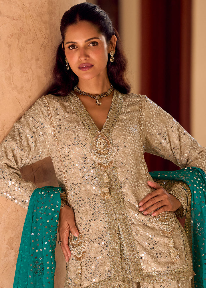 Beige Brown Georgette Embroidered Top with Dhoti Pant & Blue Dupatta