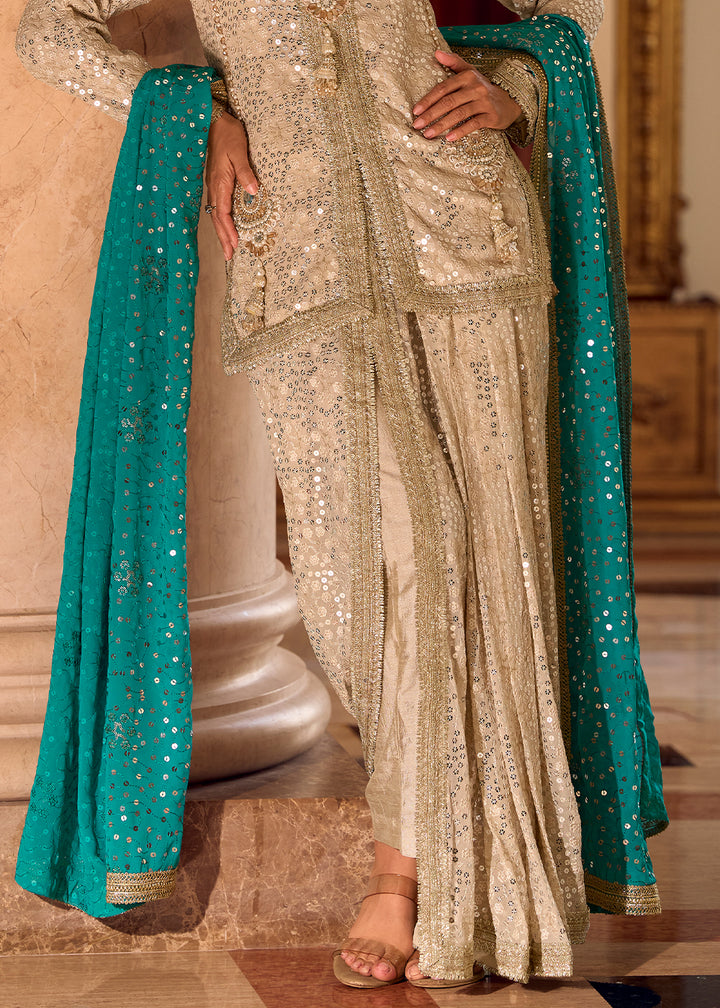 Beige Brown Georgette Embroidered Top with Dhoti Pant & Blue Dupatta
