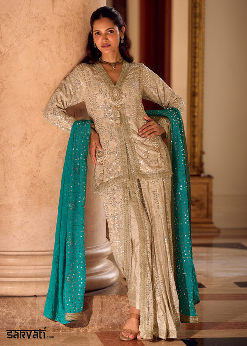 Beige Brown Georgette Embroidered Top with Dhoti Pant & Blue Dupatta