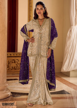 Beige Brown Georgette Embroidered Top with Dhoti Pant & Purple Dupatta