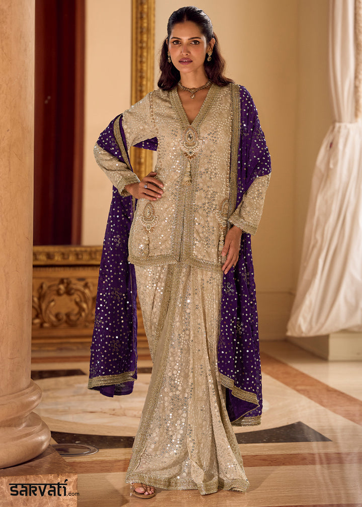 Beige Brown Georgette Embroidered Top with Dhoti Pant & Purple Dupatta