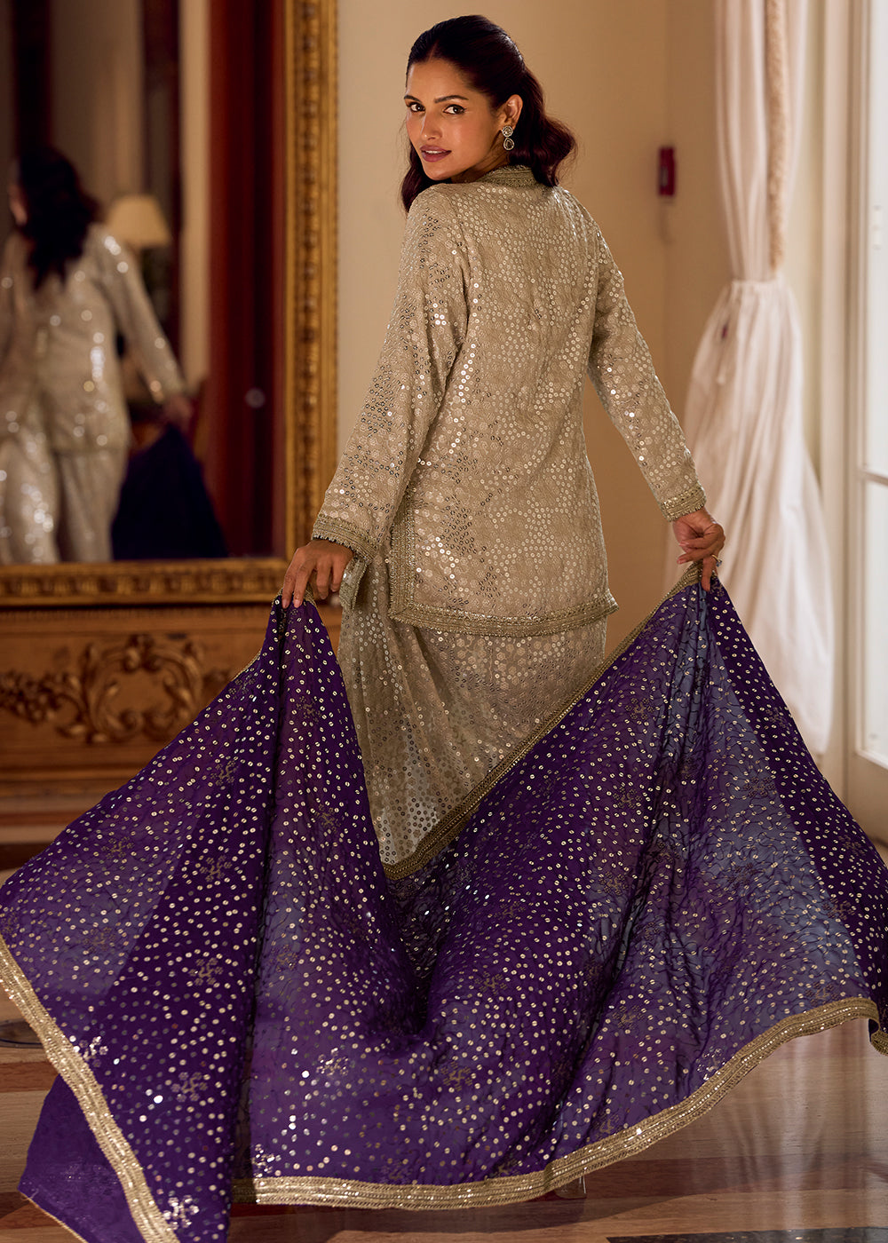 Beige Brown Georgette Embroidered Top with Dhoti Pant & Purple Dupatta