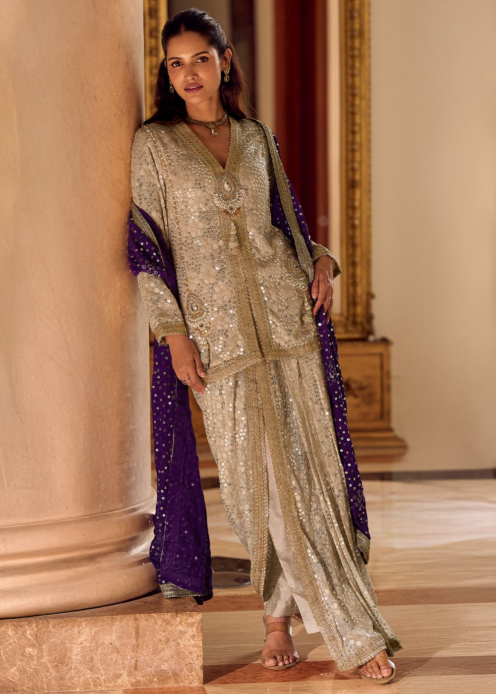 Beige Brown Georgette Embroidered Top with Dhoti Pant & Purple Dupatta
