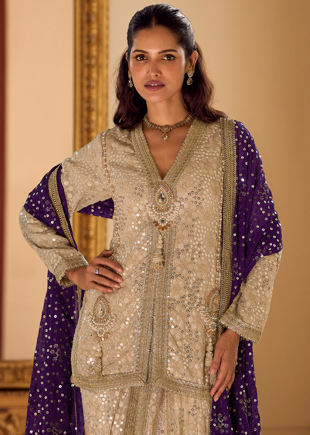 Beige Brown Georgette Embroidered Top with Dhoti Pant & Purple Dupatta