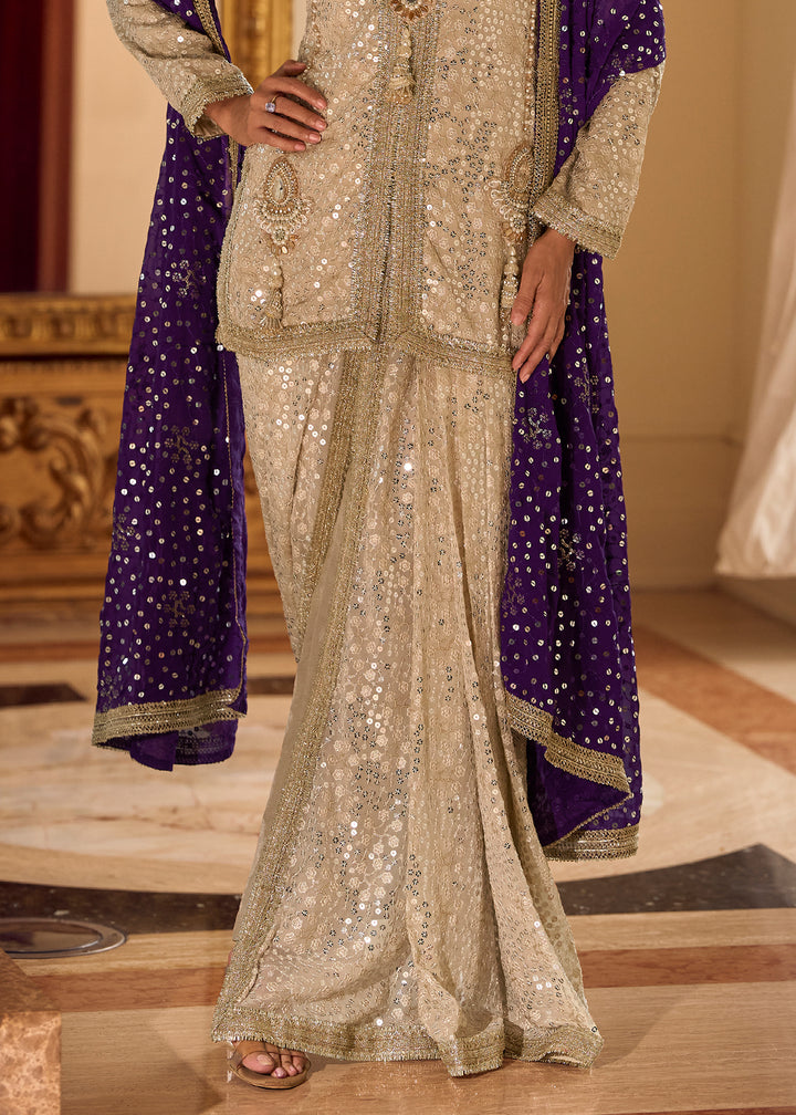 Beige Brown Georgette Embroidered Top with Dhoti Pant & Purple Dupatta